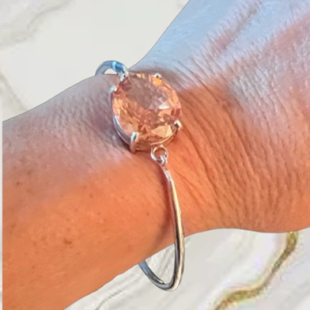 Sterling Silver & Citrine Stone Bangle Bracelet with Hook and Eye Clasp. 7”